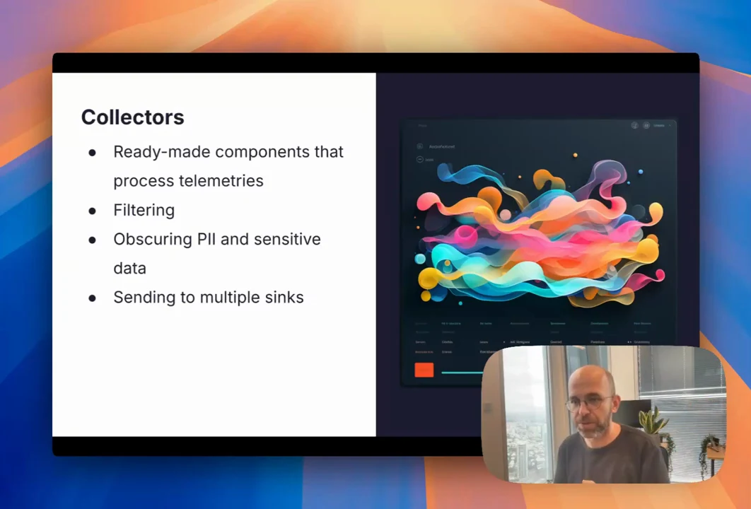Collectors slide with bullets for processing telemetry, filtering, obscuring PII and sensitive data, and sending to multiple sinks, beside a colorful illustration.