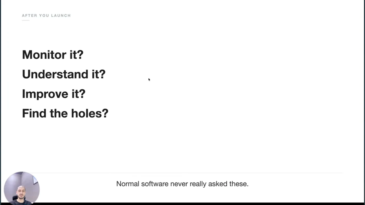 Slide headed “After you launch” lists “Monitor it?”, “Understand it?”, “Improve it?”, and “Find the holes?”