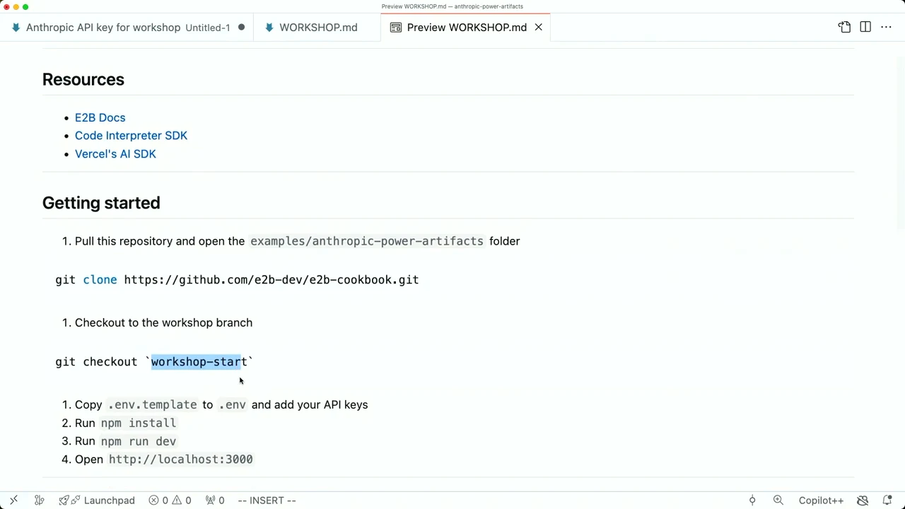 Workshop document showing resource links, repository cloning, the highlighted workshop-start branch, environment setup, and local startup steps.