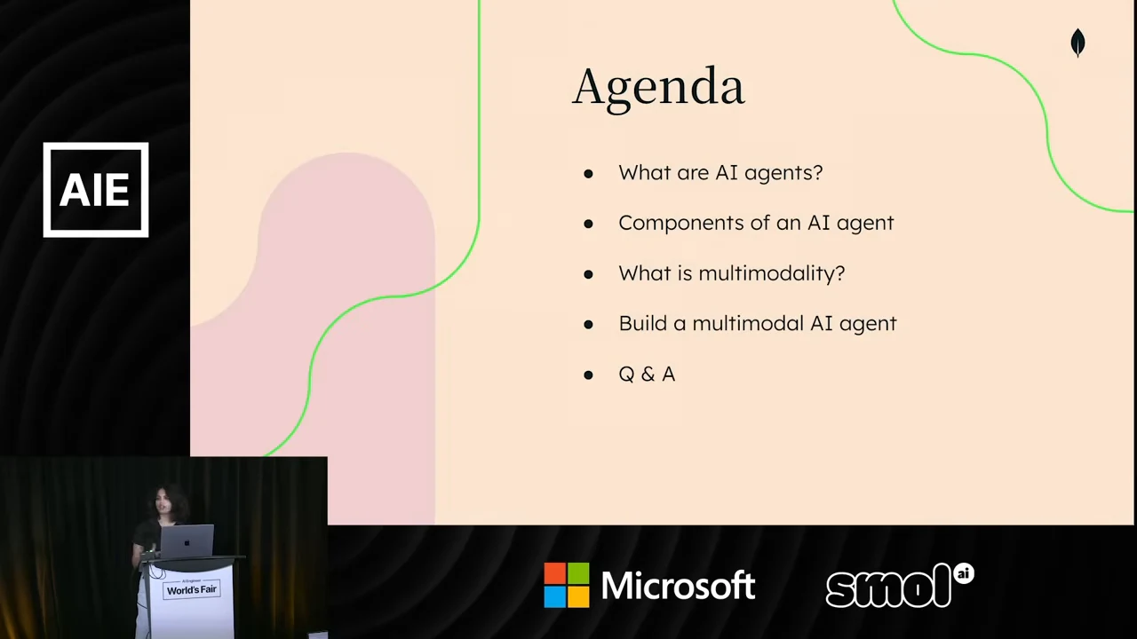 Agenda slide listing AI agents, components of an AI agent, multimodality, building a multimodal AI agent, and Q&A.