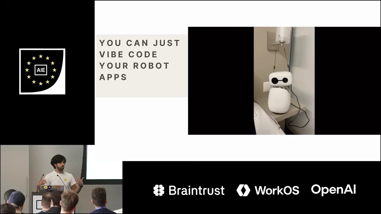 Slide reading You Can Just Vibe Code Your Robot Apps beside a vertical video showing a white Reachy Mini on a tabletop.