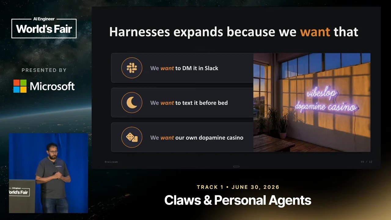 Three statements about messaging in Slack, texting before bed, and wanting a dopamine casino sit beside a room image with a neon sign reading “vibeslop dopamine casino.”