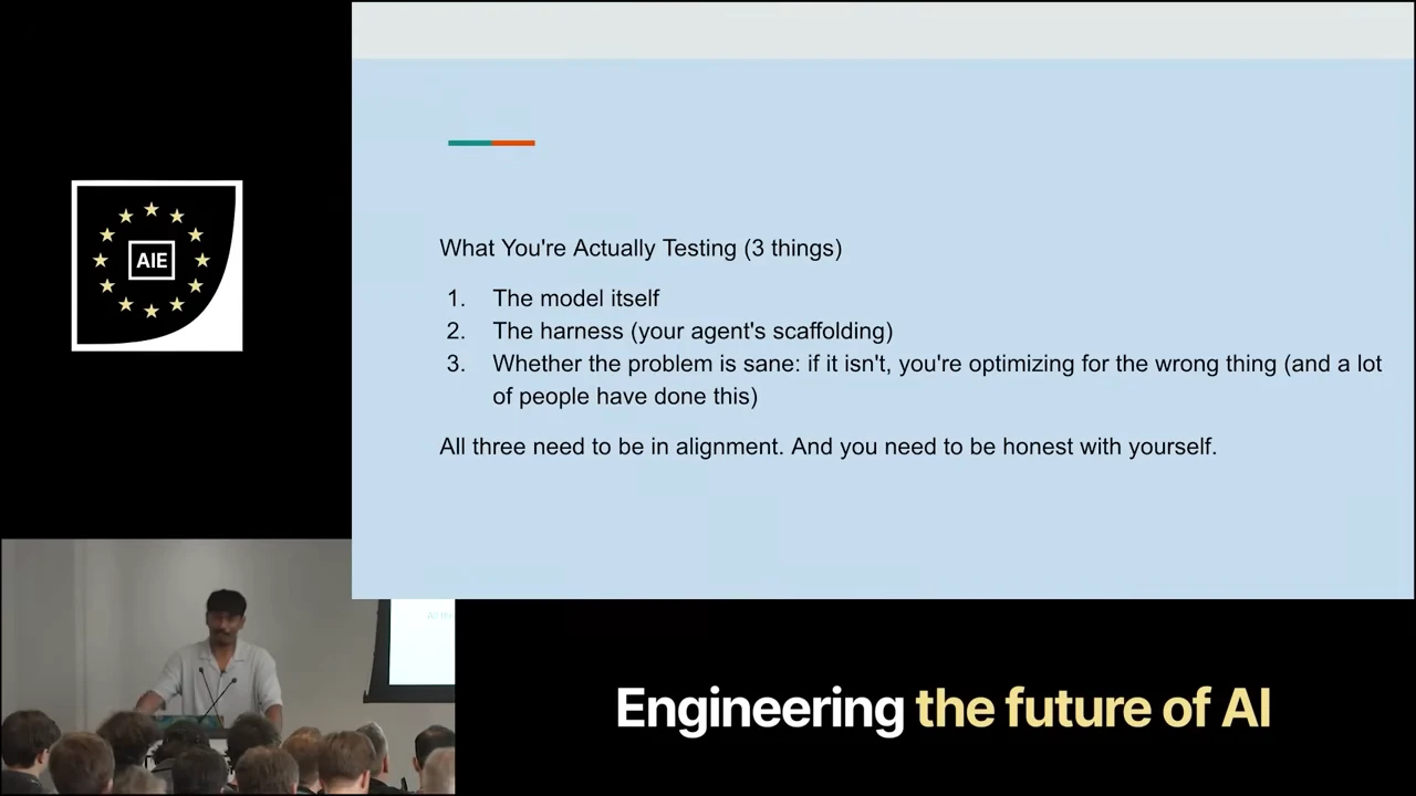 Slide titled “What You're Actually Testing (3 things)” lists the model, the agent's harness and whether the problem is sane, followed by a reminder that all three need alignment.