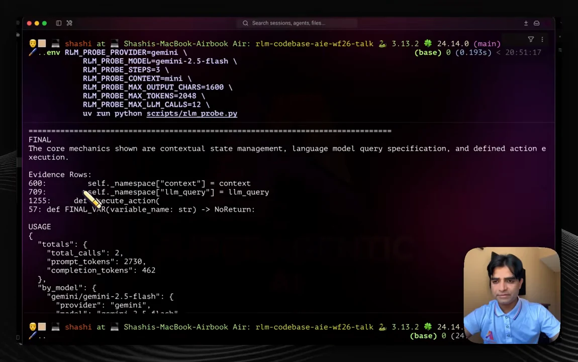 Terminal showing a FINAL answer, numbered evidence rows, and a USAGE block with call and token counts; presenter inset at lower right.