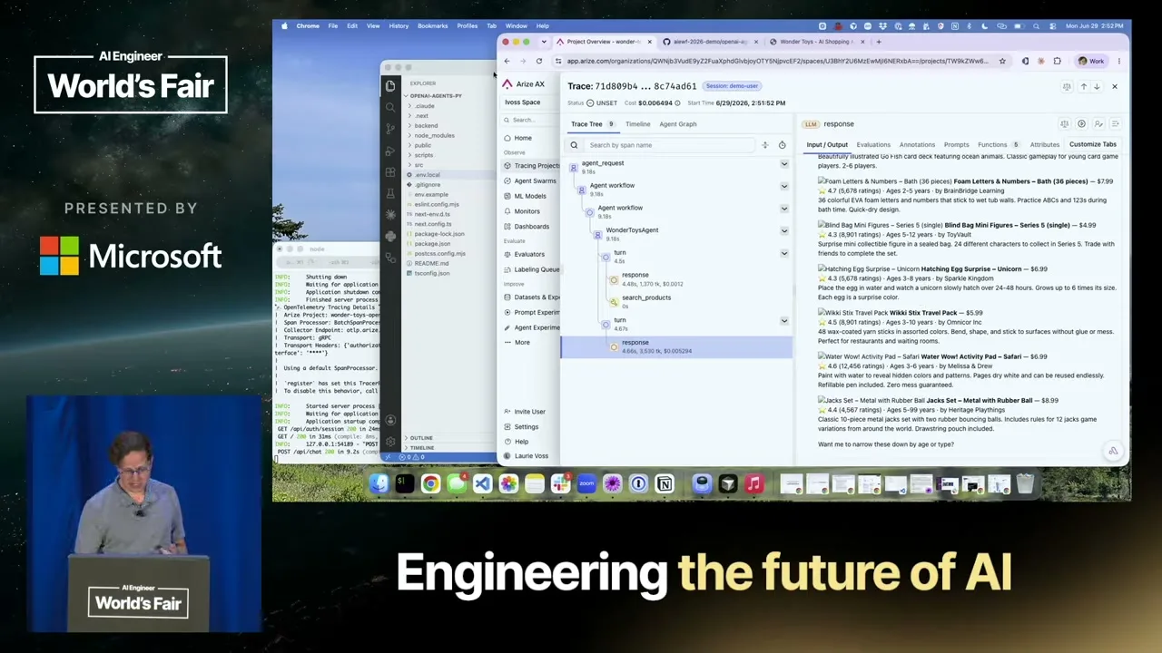 Selected presentation frame from From Vibes to Production: Evaluating and Shipping AI Agents That Work 201 — Laurie Voss, Arize AI at 1955 seconds
