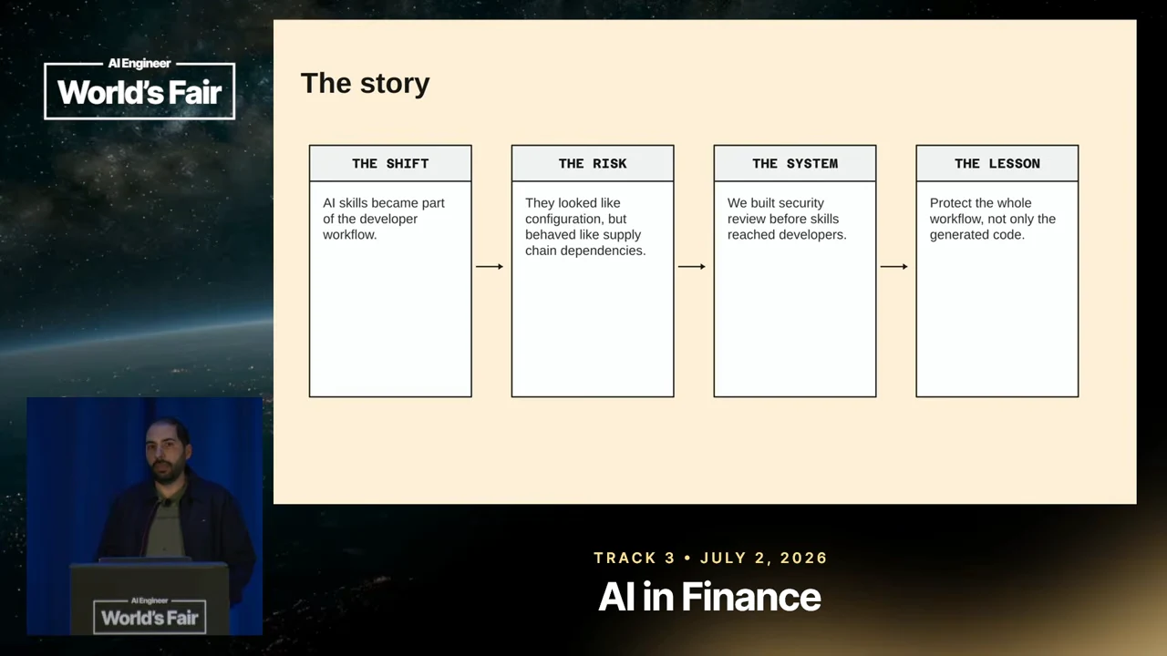 The story slide presents four connected columns: the shift, the risk, the system, and the lesson to protect the whole workflow.