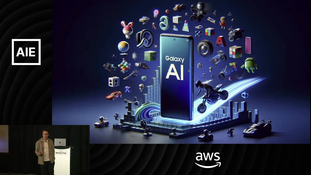 A phone labeled “Galaxy AI” surrounded by colorful objects on a blue background.