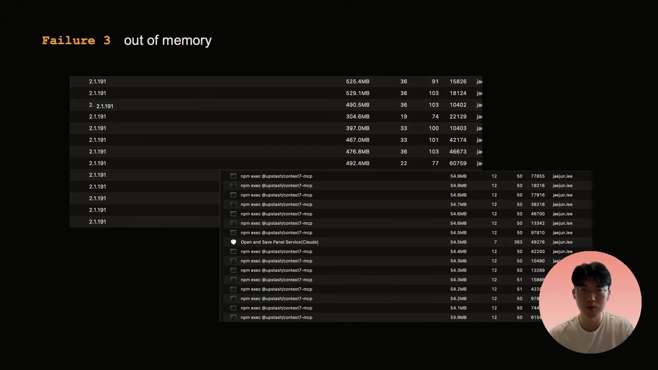 Slide titled Failure 3 out of memory with overlapping process-list screenshots showing memory figures and repeated MCP process entries.