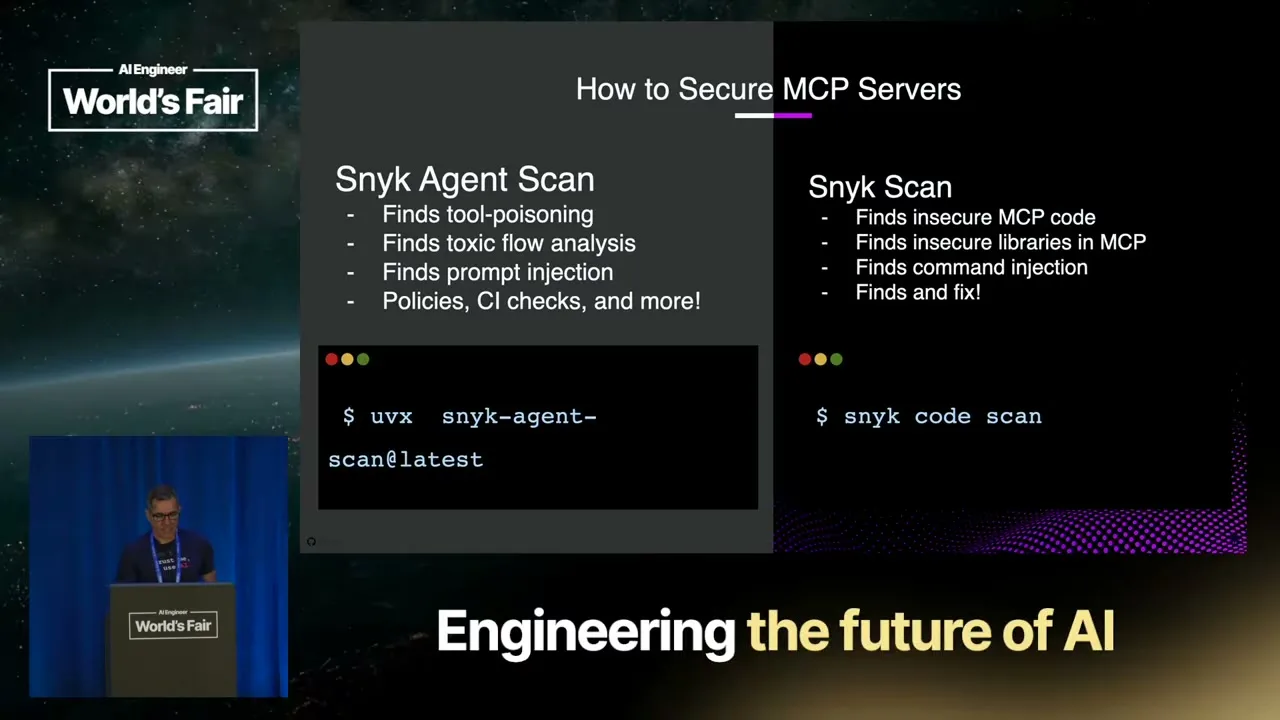 The slide separates agent scans for tool and prompt risks from code scans for implementation, library, and command-injection risks.