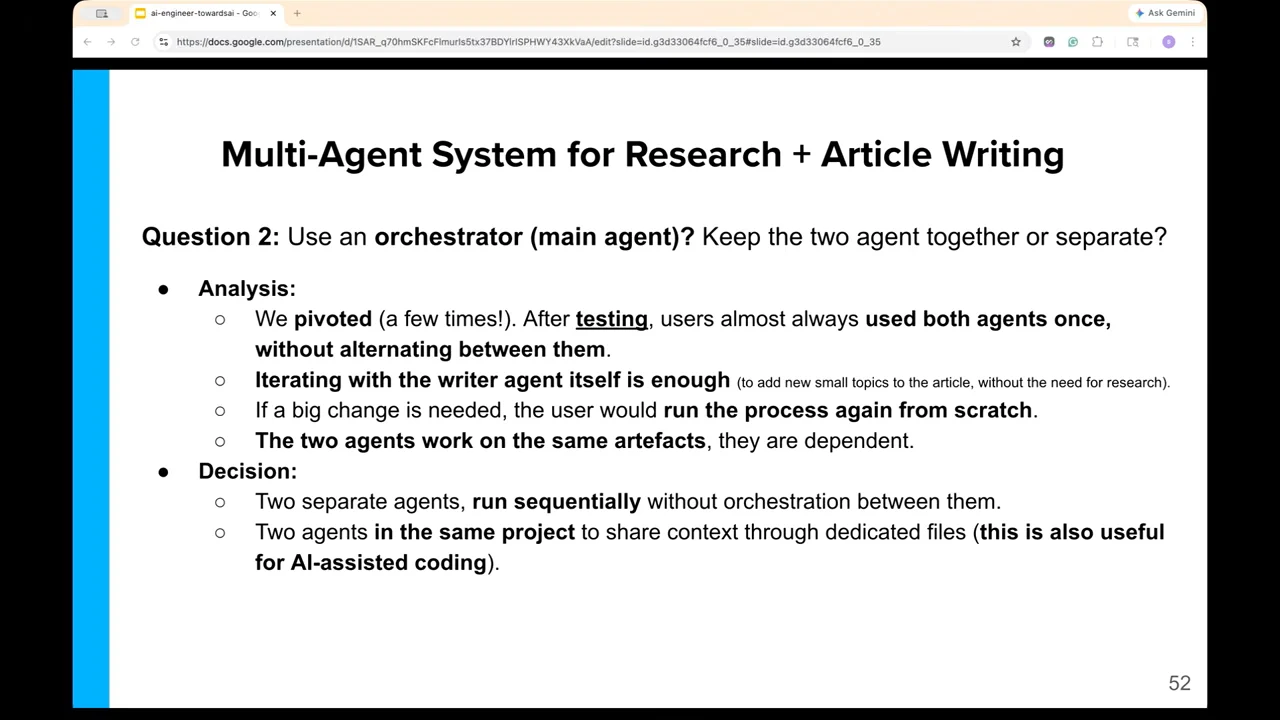 Slide listing usage observations and a decision to run two agents sequentially without orchestration, in the same project with shared files.