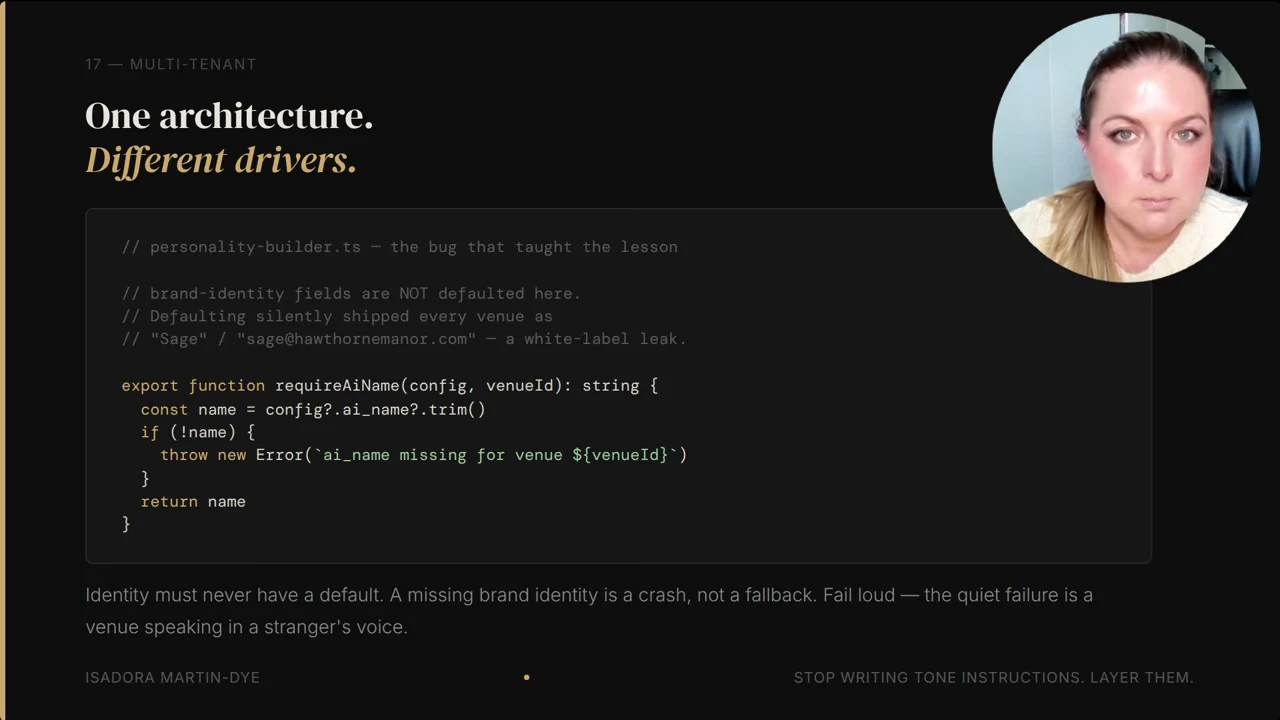Slide titled “One architecture. Different drivers.” showing a function that checks the configured AI name and throws an error if it is missing, plus a warning against default brand identity.