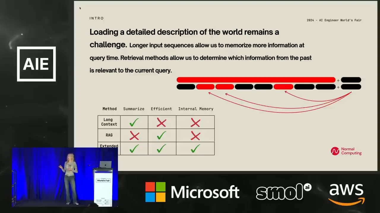 Introduction slide with red and black token bars, curved retrieval arrows, and a comparison table using green checks and red crosses.