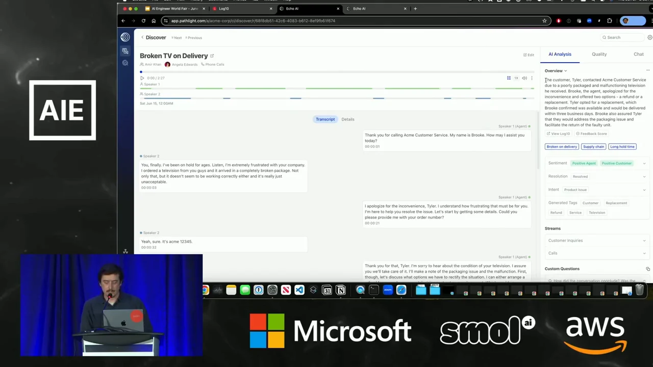 The Broken TV on Delivery conversation view shows a speaker timeline, transcript messages, and an AI Analysis panel with an overview and categorized insights.