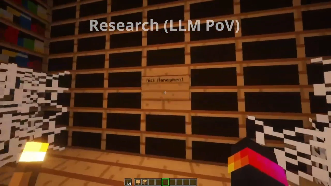 Minecraft library scene with empty shelves, a Risk Management sign, cobwebs, and the heading Research (LLM PoV).