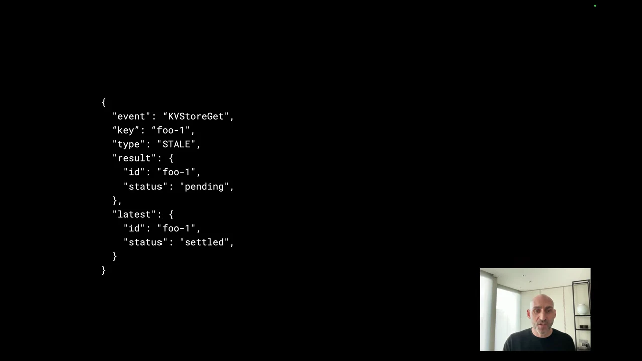 JSON trace for KVStoreGet on foo-1, with type STALE, result status pending, and latest status settled.