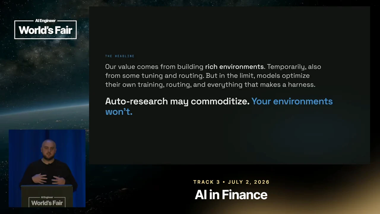 Closing thesis slide describes value from rich environments and highlights “Your environments won’t” in blue beneath the discussion of automated research.