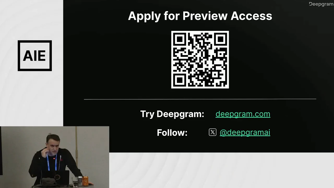 Slide titled “Apply for Preview Access” with a QR code, deepgram.com and @deepgramai, plus a speaker inset at lower left.