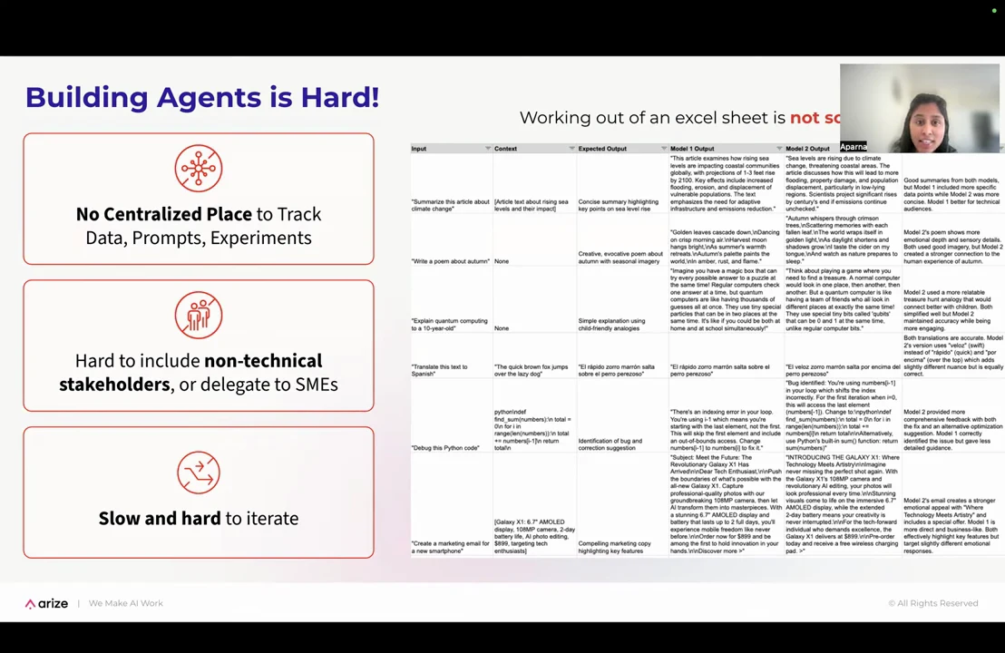 Slide titled “Building Agents is Hard!” with three problem boxes beside a spreadsheet of prompts and model outputs.