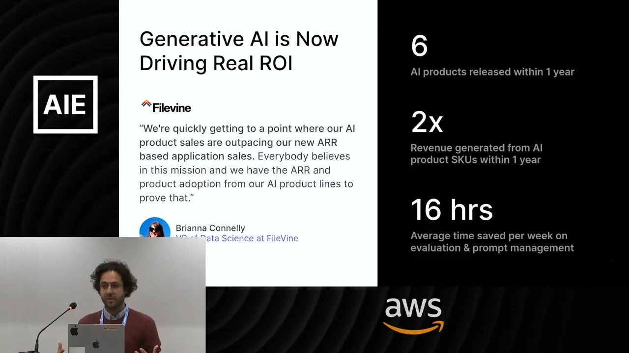 Slide with a Filevine testimonial and metrics: six AI products released within one year, 2x revenue generated from AI product SKUs within one year, and 16 hours saved per week on evaluation and prompt management.