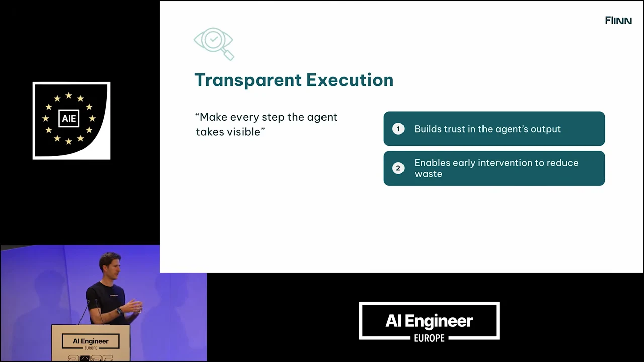 Transparent Execution slide says “Make every step the agent takes visible,” alongside two benefits: building trust in the agent’s output and enabling early intervention to reduce waste.