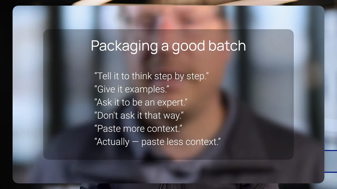 Overlay lists six suggestions, including thinking step by step, giving examples, asking for expertise, and pasting more or less context.