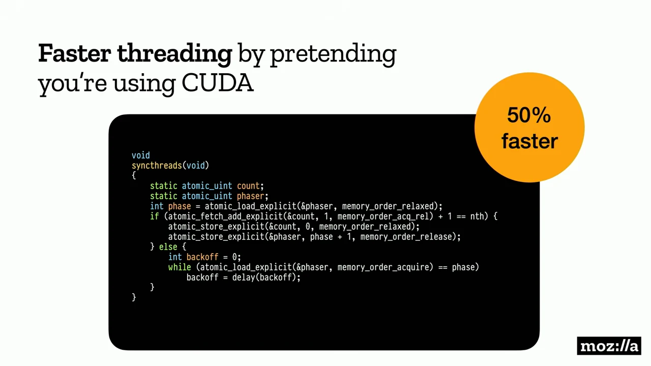 Slide titled “Faster threading by pretending you’re using CUDA,” with a code block and an orange circle reading “50% faster.”