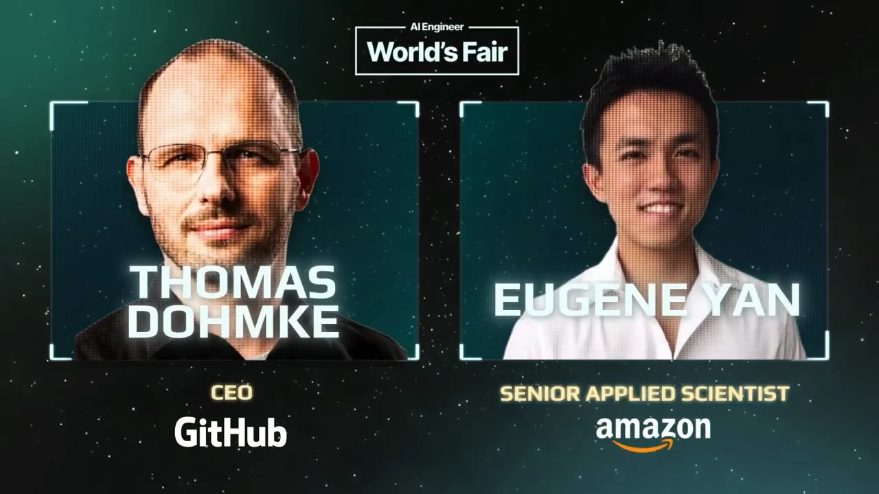 Speaker card with portraits of Thomas Dohmke, CEO of GitHub, and Eugene Yan, Senior Applied Scientist at Amazon.