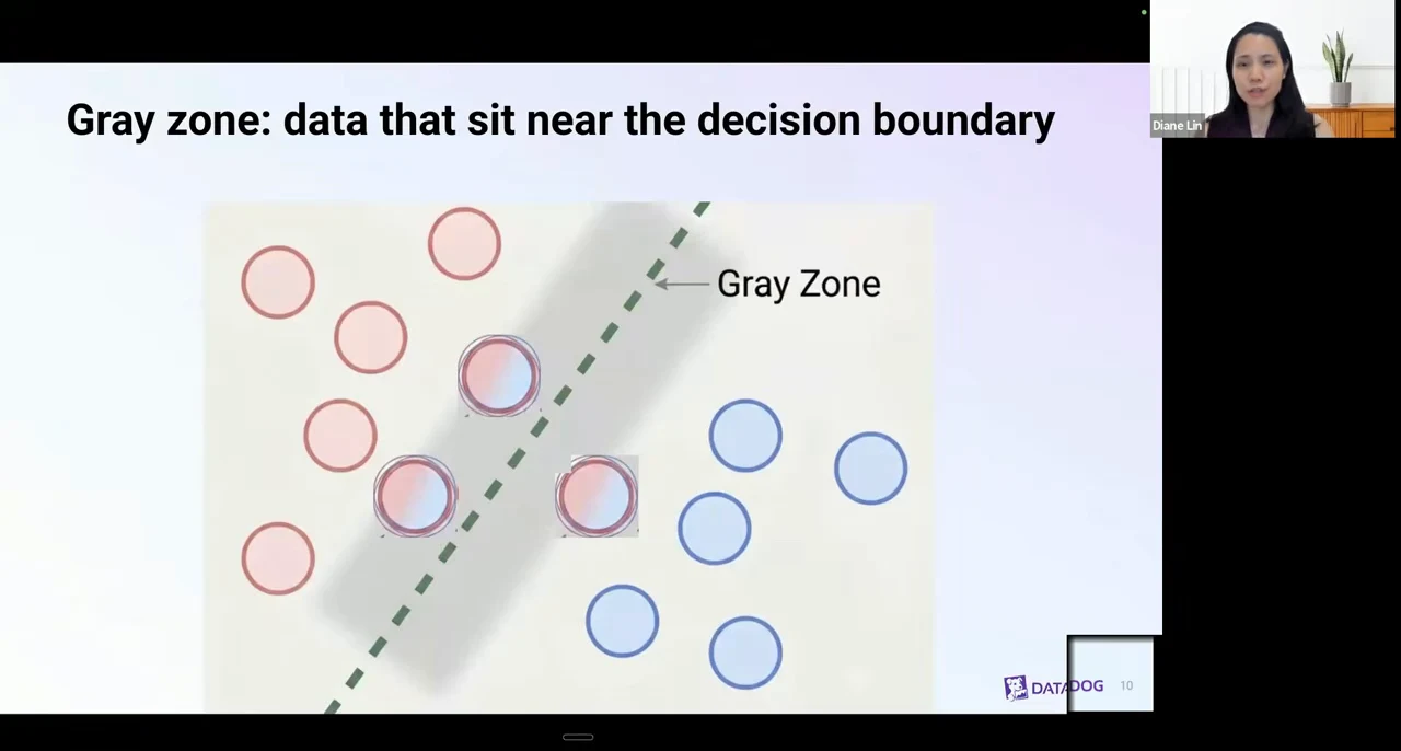 Red and blue circles lie on either side of a dashed diagonal boundary, with overlapping red and blue circles inside a shaded band labeled Gray Zone.