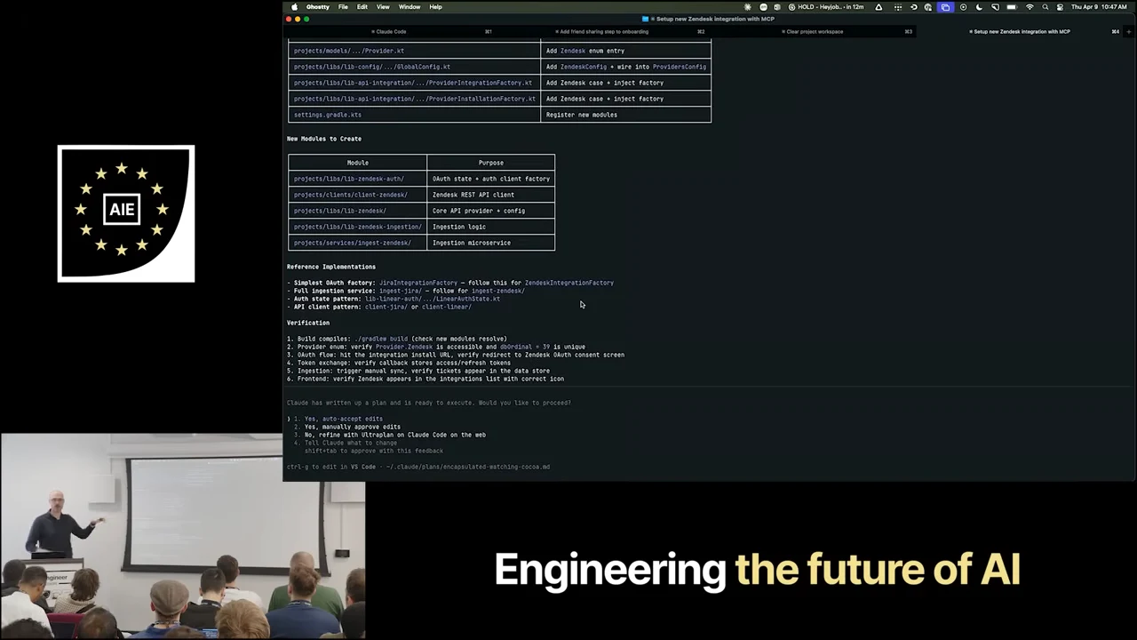Terminal displaying tables of integration files and new modules, reference implementations, a verification checklist, and choices for proceeding with the plan.