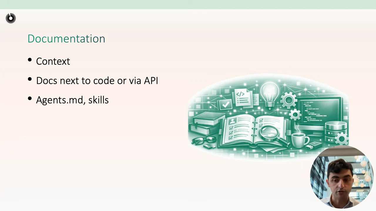 Documentation slide with bullets Context, Docs next to code or via API, and Agents.md, skills, alongside an illustration of books, a monitor, and gears.