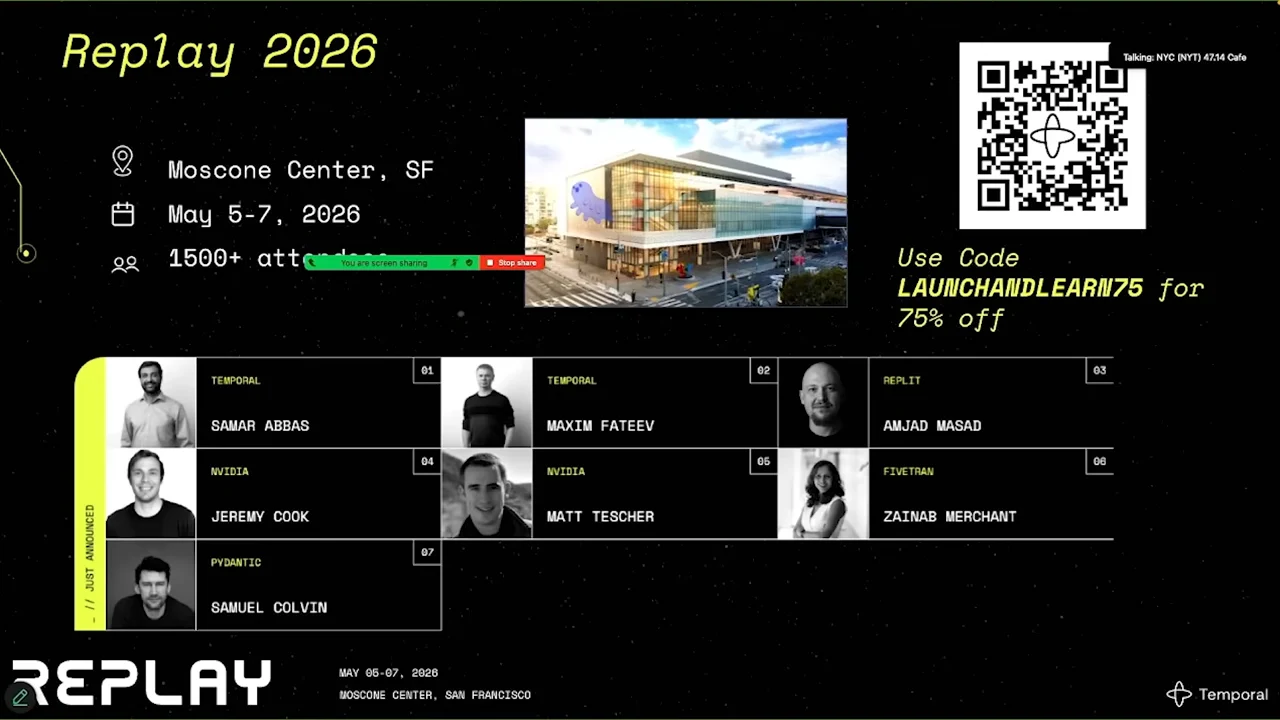 Replay 2026 slide showing Moscone Center in San Francisco, May 5–7, 2026, speaker portraits, a QR code, and a discount offer.