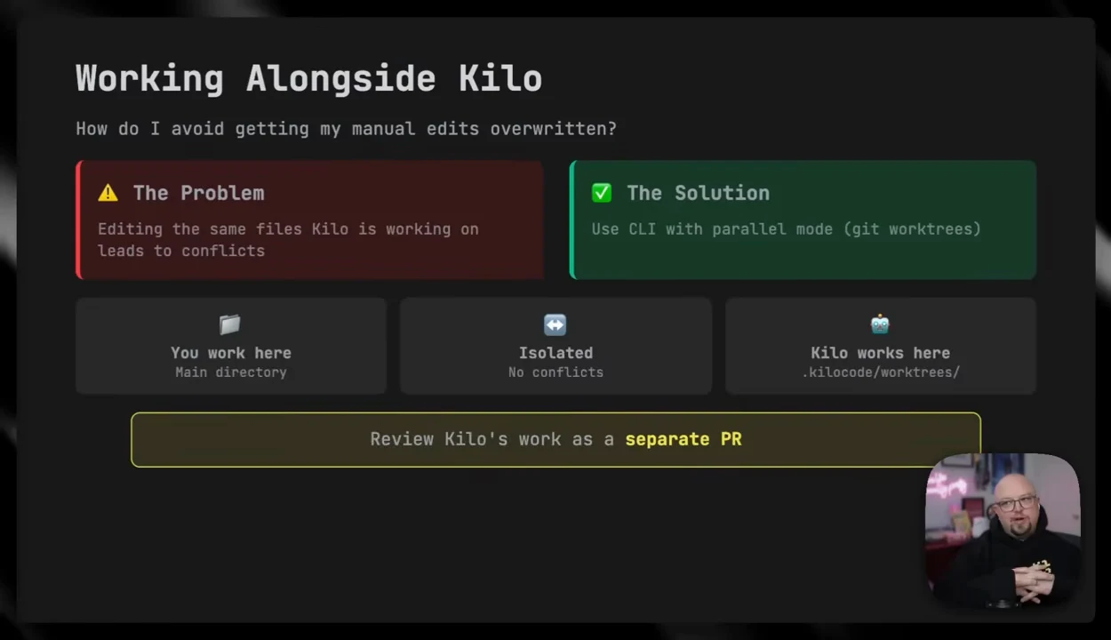 Working Alongside Kilo slide contrasts editing conflicts with CLI parallel mode using git worktrees, shows separate human and Kilo work locations, and highlights reviewing Kilo’s work as a separate PR.