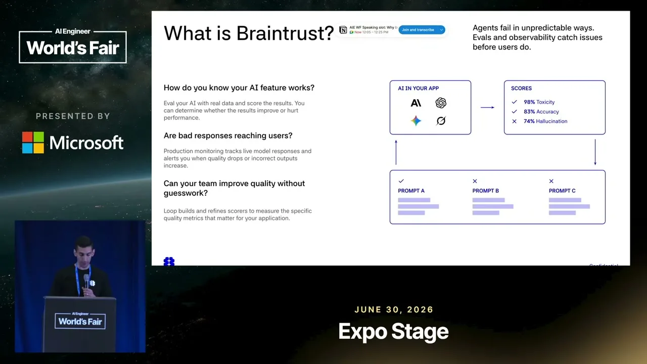 Selected presentation frame from Why Building an Eval Platform Is Harder Than It Looks — Braintrust at 91 seconds