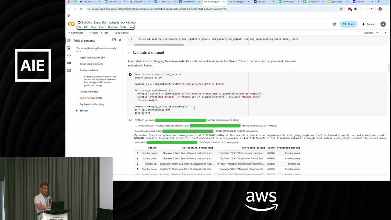 Colab notebook at Evaluate a dataset, showing Python code, completed progress bars, and a table with ratings, meeting transcripts, extracted output, scores, and predicted ratings.