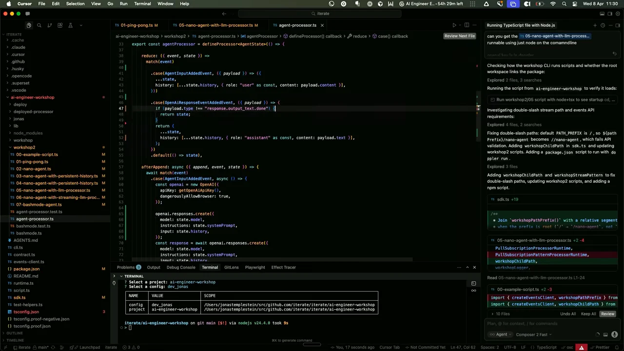 Code editor showing history updates in a reducer, a TODO in response handling, and an afterAppend block below.
