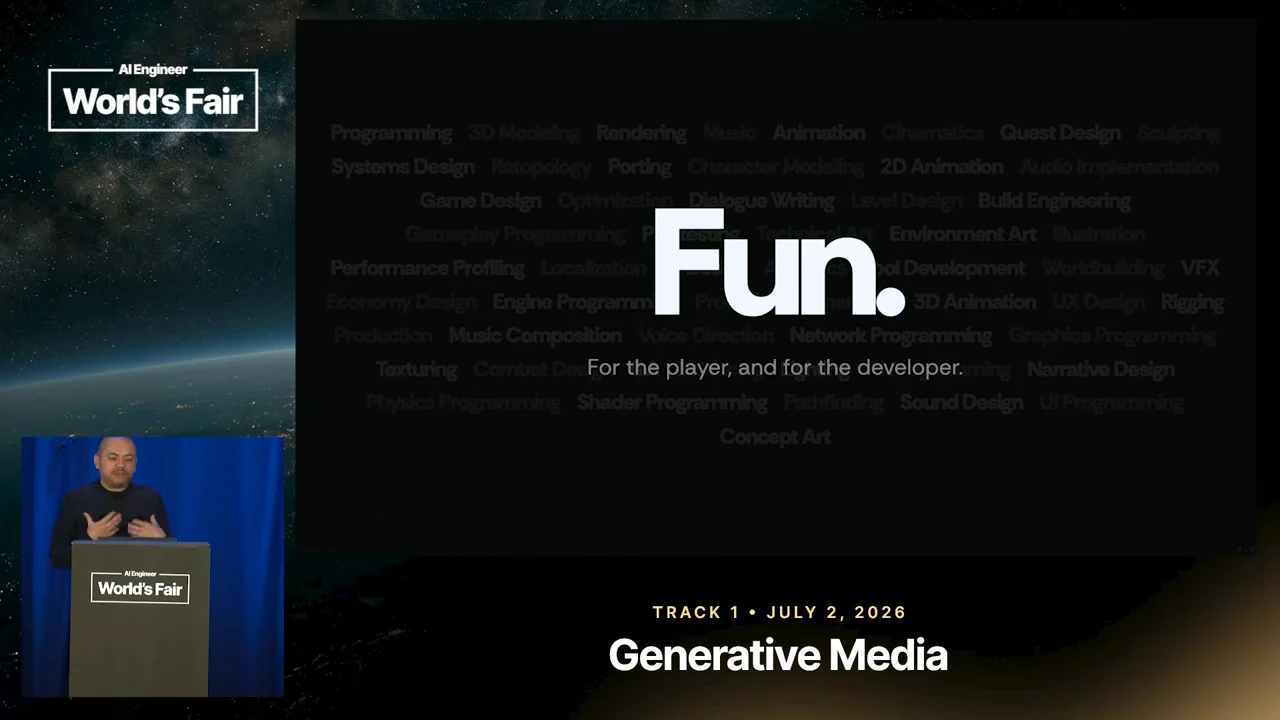 Slide with large “Fun.” text and the subtitle “For the player, and for the developer.” over a dim background of game development disciplines.