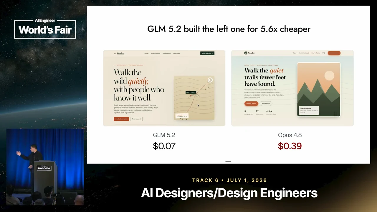 Side-by-side hiking landing pages beneath the heading “GLM 5.2 built the left one for 5.6x cheaper,” with model names and dollar amounts below.
