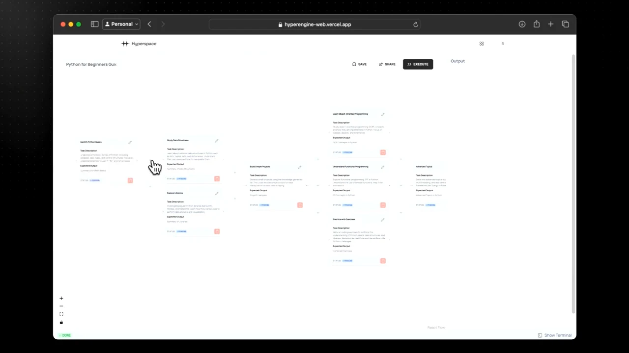 Browser showing a branching graph of task cards with editing icons and an Execute button.