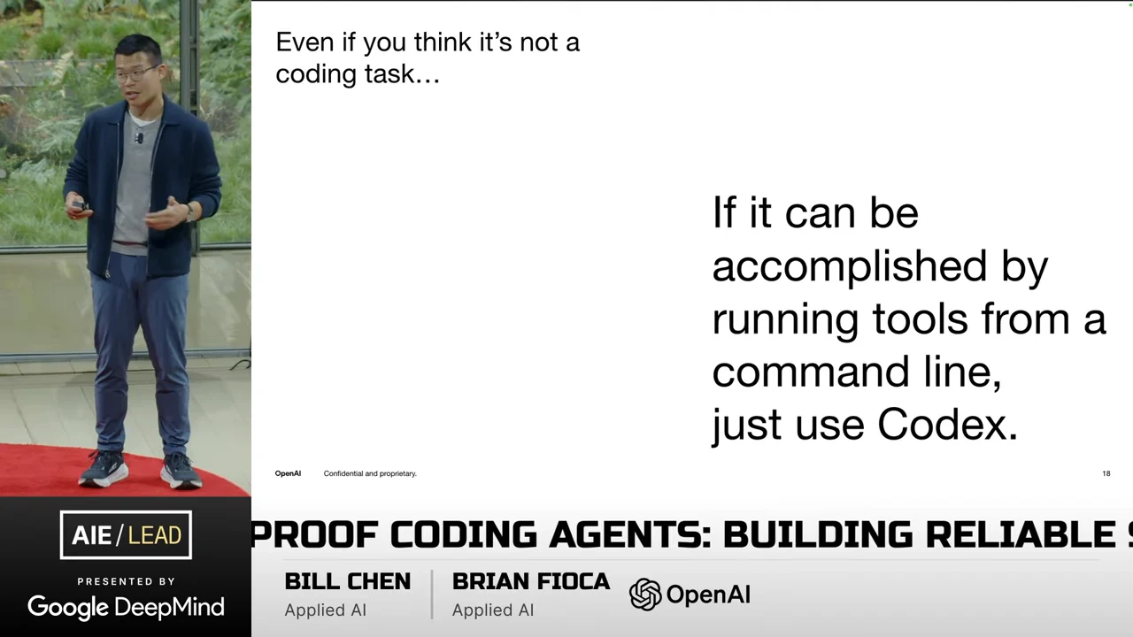 Presenter beside a slide stating that even a non-coding task can use Codex if it can be accomplished by running tools from a command line.