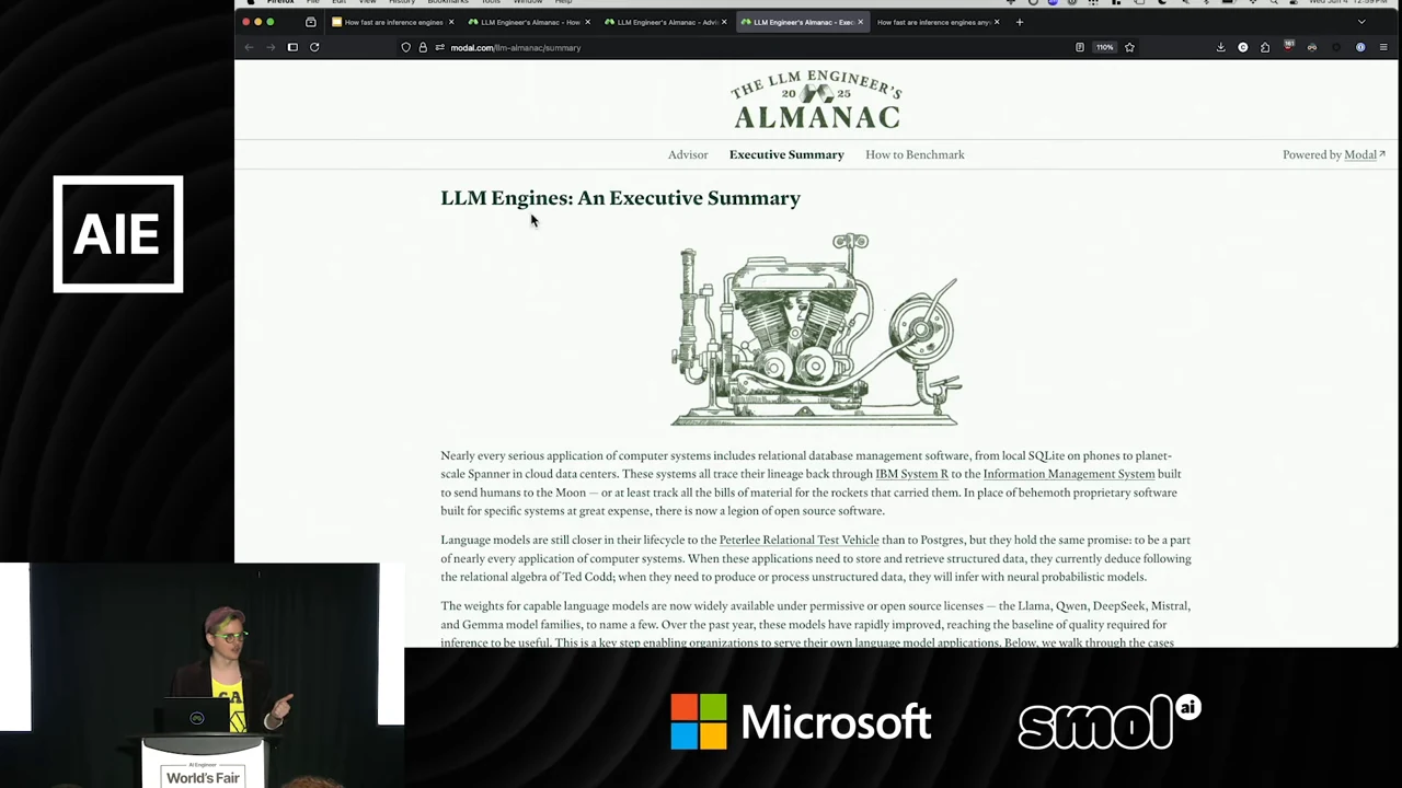 The LLM Engineer's Almanac page titled LLM Engines: An Executive Summary, with an engine illustration, introductory paragraphs, and navigation including How to Benchmark.