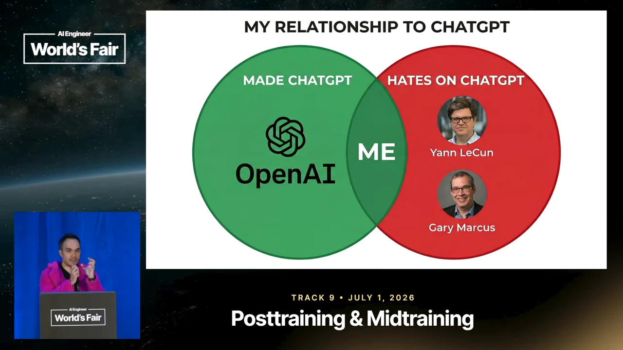 Venn diagram titled “My relationship to ChatGPT,” with OpenAI under “Made ChatGPT,” Yann LeCun and Gary Marcus under “Hates on ChatGPT,” and “ME” in the overlap.