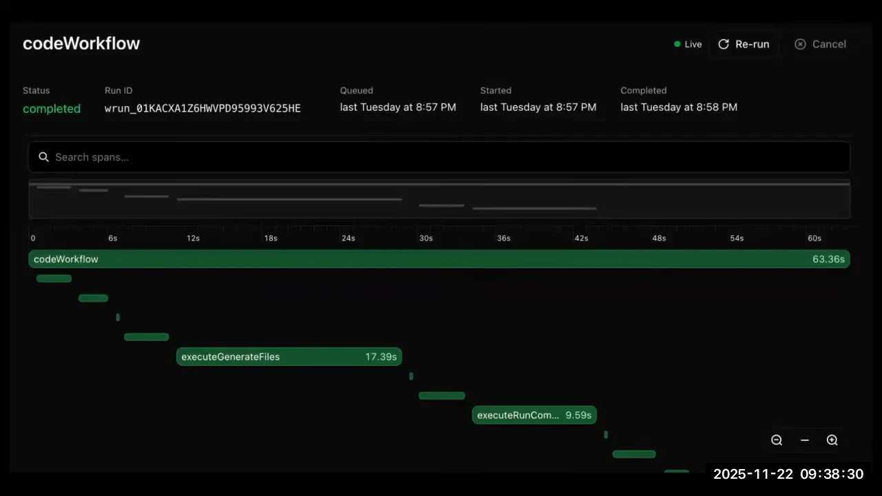 Workflow inspector with completed status and green timing bars, including executeGenerateFiles and executeRunCom… steps.