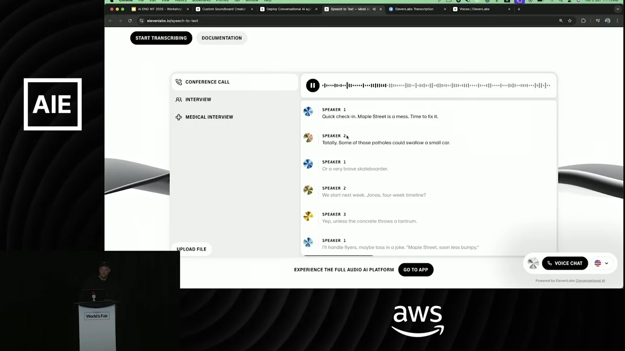 Speech-to-text demo showing an audio waveform, pause control and alternating Speaker 1 and Speaker 2 transcript entries.