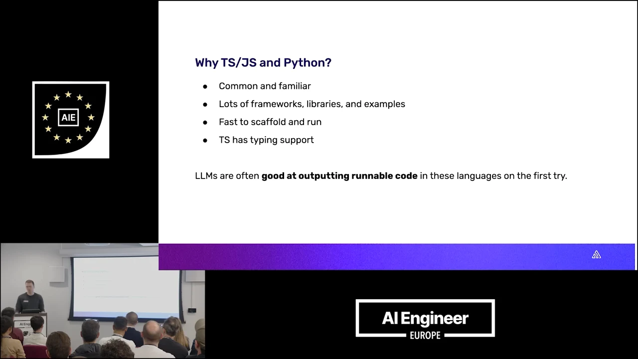 Slide with four advantages and a concluding sentence saying LLMs often output runnable code in these languages on the first try.