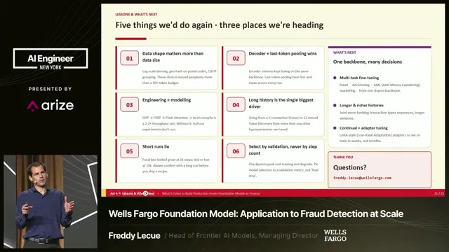 The closing slide summarizes transaction-model lessons and proposed extensions beyond fraud detection.