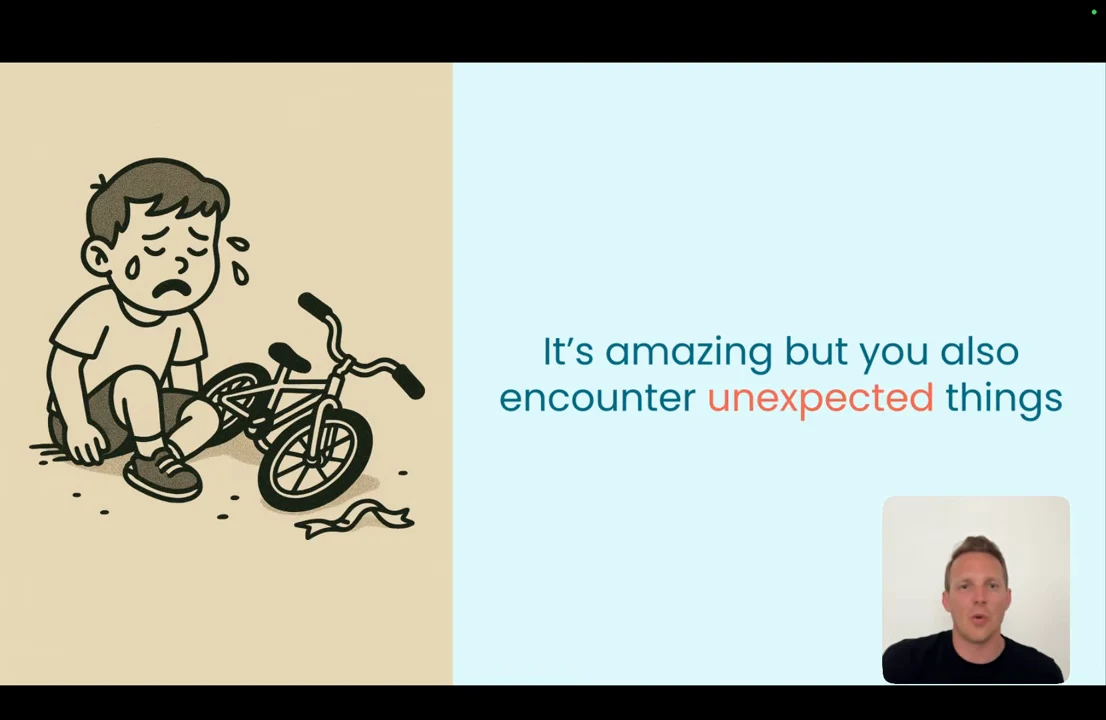 Illustration of a crying child beside a fallen bicycle, with the text “It’s amazing but you also encounter unexpected things” and a presenter inset.