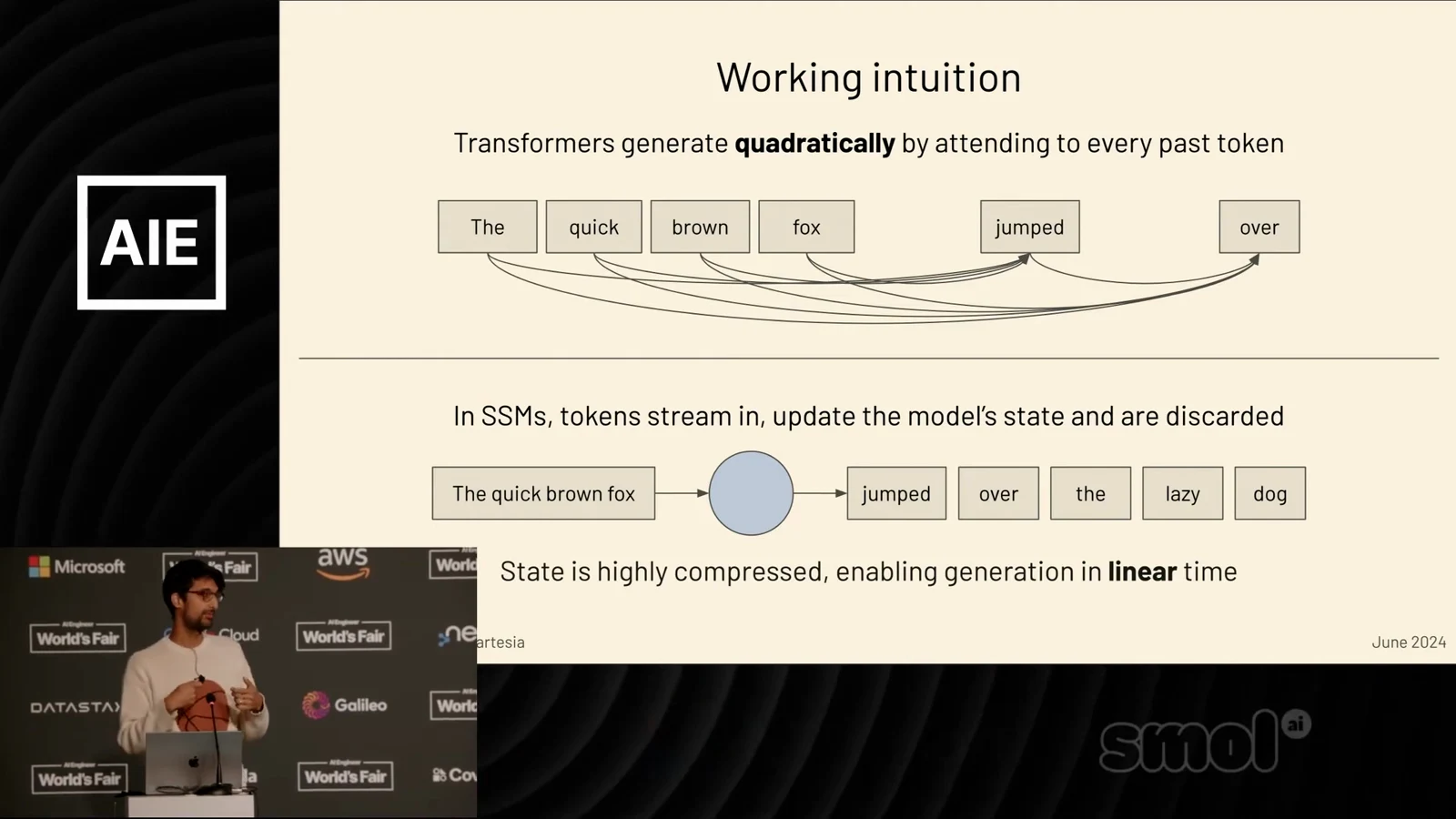 The talk’s fox example contrasts attention to past tokens with an updated, compressed recurrent state.