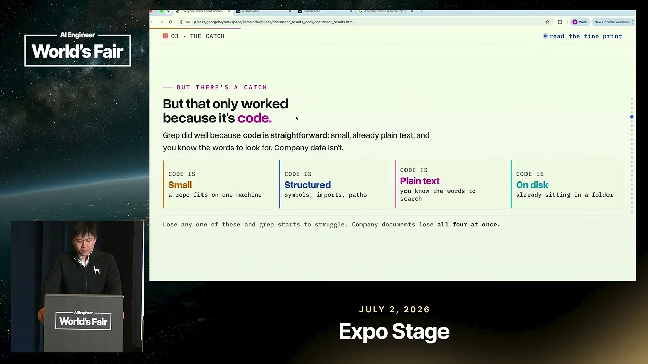 Selected presentation frame from Grep or Embeddings? Agentic Search Over Company Documents — George He, LlamaIndex at 200 seconds