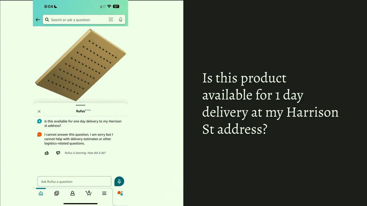 Slide showing a showerhead product and Rufus conversation beside the question, “Is this product available for 1 day delivery at my Harrison St address?”