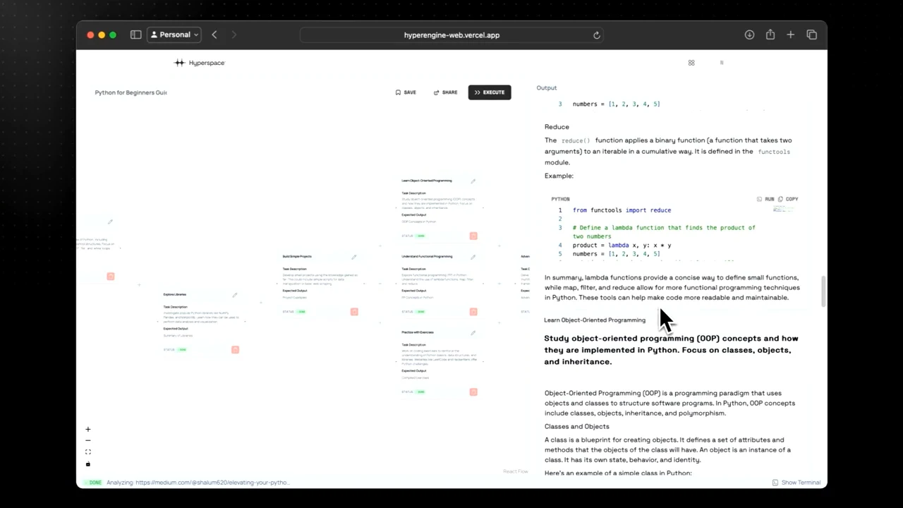 Hyperspace node graph on the left, with a reduce-function code example and an object-oriented programming explanation in the output pane on the right.